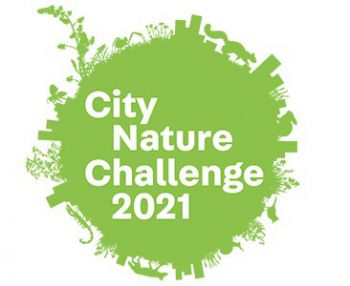 A green circular logo. The circumference of the circle is made up of various animals and plants, such as foxes and birds, and buildings. The centre of the circle says 'City Nature Challenge 2021'.
