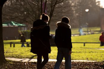 Students walking towards Library Square