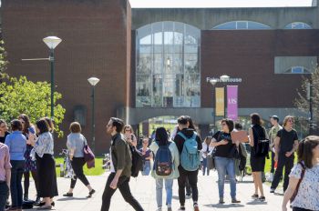 Students walking through Library Square