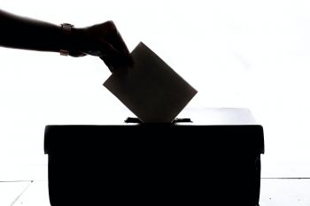 silhouette of a person putting a ballot paper in a ballot box.