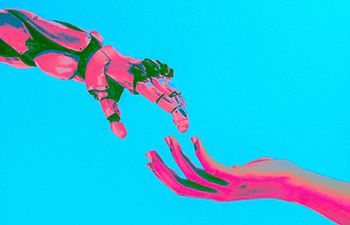 Robot hand touching human hand to symbolise AI