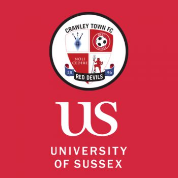 The Crawley Town FC logo above the University of Sussex logo