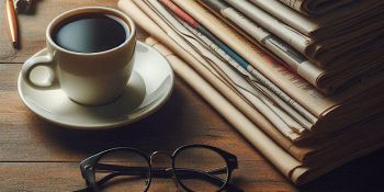 A desk, one which are a cup of black coffee, a stack of journals and some black framed glasses