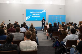 Luke Mitchell speaking to students at an accelerator demo day