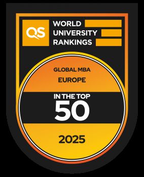 QS Global MBA Europe in the top 50 2025, black on orange branded logo