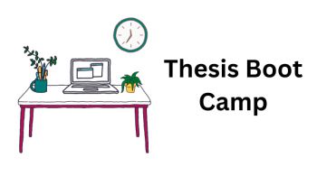 Thesis Boot Camp logo featuring a clock, a table that includes stationary and a green plant.