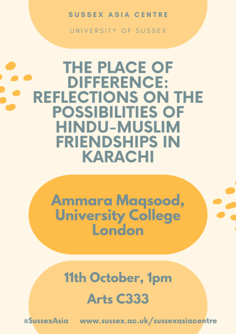 Poster for Ammara Maqsood's seminar, with details of the event