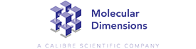 A structure of purple cubes connected together. Molecular Dimensions, a Calibre scientific company is written in purple.