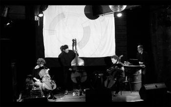 Braindead Ensemble performing: Alice Eldridge (feedback cello), Chris Kiefer (feedback cello), Thanos Polymeneas-Liontiris (feedback double-bass), Thor Magnusson (threnoscope).