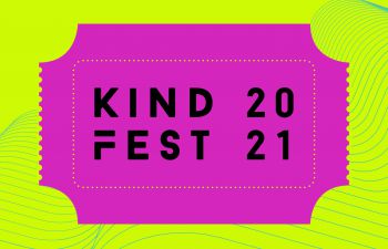 Illustration of a purple ticket on a yellow background with the words Kind Fest 2021 in it.