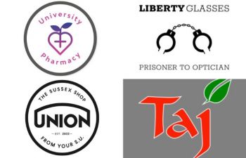 On the left, round logos of the University Pharmacy and Student Union Shop. On the right, rectangular logos of Liberty glasses and Taj