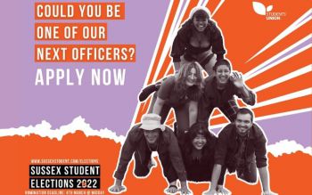 On an orange and violet background a black and white picture of young people forming a human pyramid. The text reads: Could you be one of our next officers? Apply now