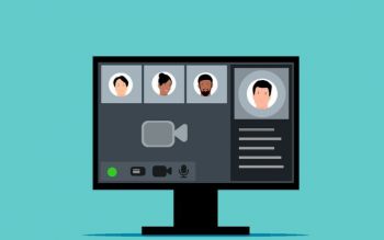 Drawing of a computer screen and four people attending an online meetings