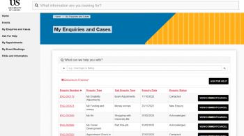 A screenshot of the My Sussex screen showing different enquiries that can be tracked