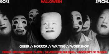 A poster for the event. The image is in black and white and shows a series of figures with typically scary faces. The image is fuzzy.