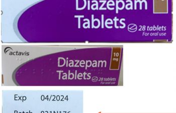 Two examples of fake Diazepam boxes showing the batch number 831N176 and names “Accord” or “Actavis”