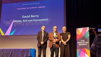 Education Award winner posing for a photo with Professor Kate O'Riordan and Professor Michael Luck