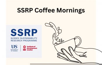 SSRP Coffee Mornings title with sketch of a hand holding a mug of coffee and the SSRP logo