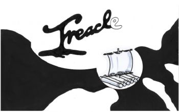 Drawing of a raft on dark liquid, below the word 'Treacle'