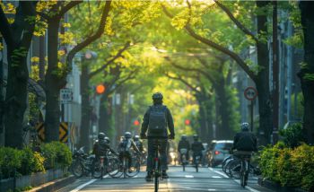 A person is cycling in the middle of the road. There are many tall green trees and bushes lining the road. More people are cycling further ahead, and there are cars in the distance.