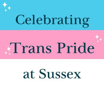 Trans Flag with text inside which reads celebrating Trans Pride at Sussex