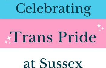 Trans Flag with text inside which reads celebrating Trans Pride at Sussex