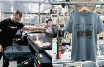 The image consists of two distinct scenes. On the left, an individual operates a large printing machine. On the right, a close-up of the Class of 2024 t-shirt displayed on a coat hanger.