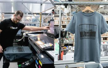 The image consists of two distinct scenes. On the left, an individual operates a large printing machine. On the right, a close-up of a class of 2024 t-shirt displayed on a coat hanger.