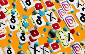 A number of social media logos including YouTube, TikTok, Instagram, X and Snapchat amid blue thumbs up signs, and different colour balls on an orange background.