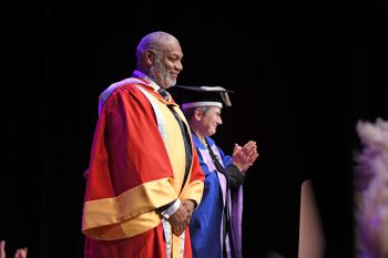 Martin Griffiths CBE, who received an honorary degree, and Professor Debra Humphris, Vice-Chancellor.