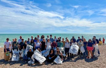Staff and Students gather together on Brighton's pebble beach with litter picking equipment.