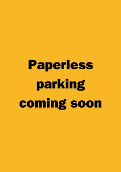 Yellow graphic with black font saying 'paperless parking coming soon'