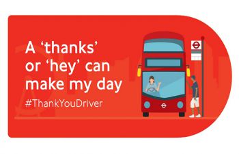 A red sticker against a white background showing a drawing of a bus and someone stepping on. Text says "a 'thanks' or 'hey' can make my day #ThankYouDriver"