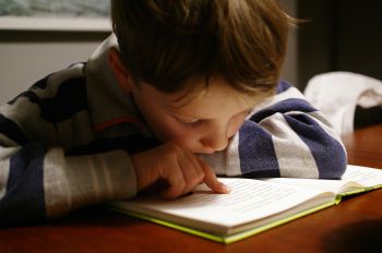 A child sits with their head in an open book, using their finger to trace words on the page