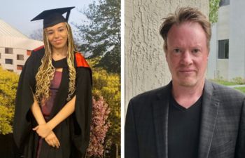 Left: Mentee Emily Hyatt at her graduation ceremony in graduation robes. Right: Headshot of Mentor Timothy Stannard stood outside wearing a blazer.