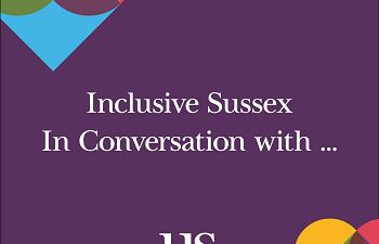 Purple background with text: Inclusive Sussex In Conversation and University logo