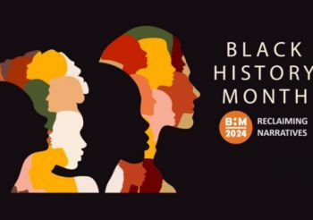 Image of peoples silhouettes, with written text saying 'Black History Month 2024, Reclaiming Narratives'