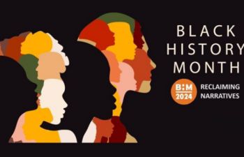 Image of peoples silhouettes, with written text saying 'Black History Month 2024, Reclaiming Narratives'