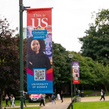 Brightly coloured This is US banners on campus lampposts