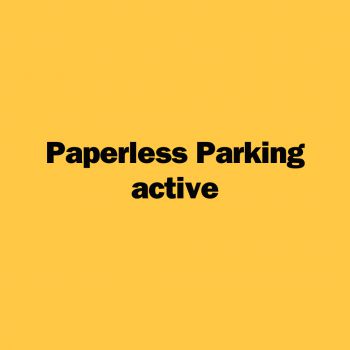 Yellow graphic with black font saying 'paperless parking active'