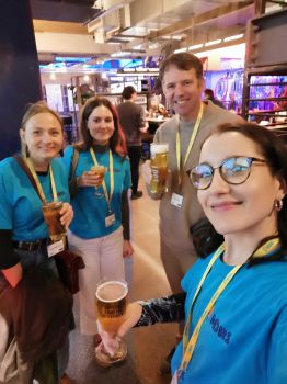 Chris Bird and lab member helpers Flavia, Dominika, Kasia during the welcome night at the BrewDog pub