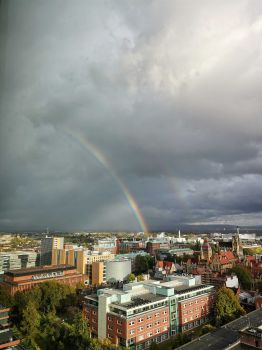 Rainbow over Manchester from 18th floor of Hyatt hotel