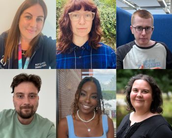 Photographs of 6 people, students and staff, who are facing the camera and smiling.