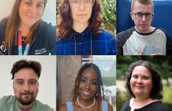 Photographs of 6 people, students and staff, who are facing the camera and smiling.