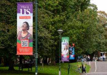 This is US banners attached to lampposts, next to leafy trees