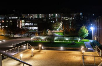 an image of the space between jubilee and arts C at dusk