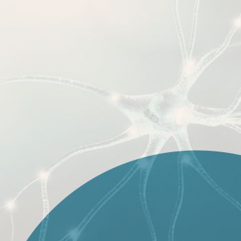 A photo of a neurone overlaid with beige and blue shapes.