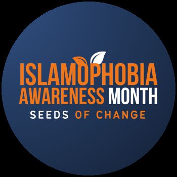 Logo for Islamophobia Awareness Month with orange writing on blue background