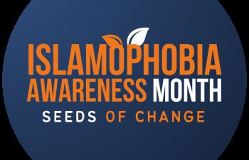 Logo for Islamophobia Awareness Month with orange writing on blue background