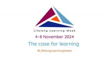 A triangular logo in blue, purple and orange. Text reads: Lifelong Learning Week 4-8 November 2024. The case for learning. #LifelongLearningWeek